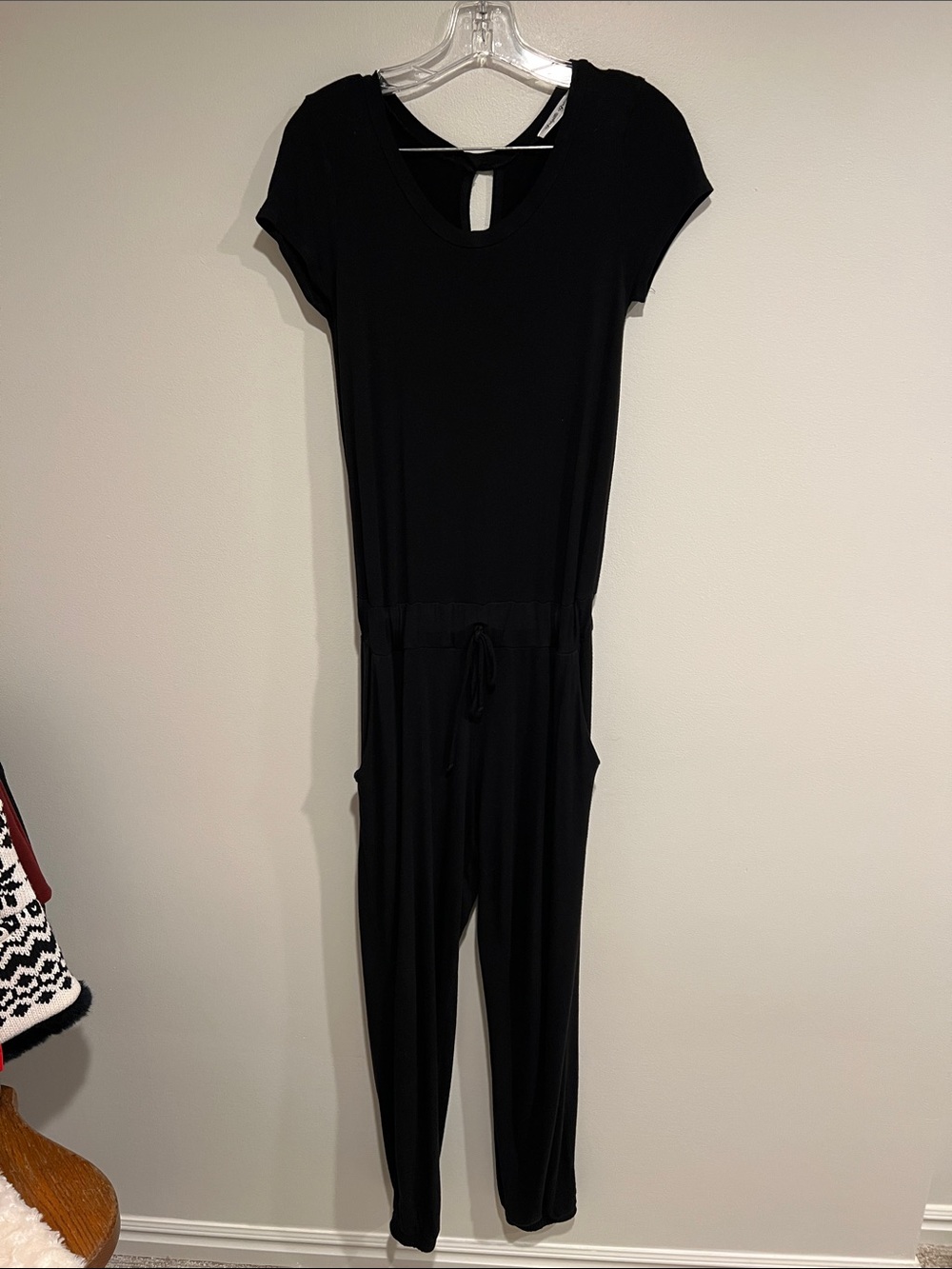 Women’s Black Short-Sleeve Drawstring Jumpsuit
